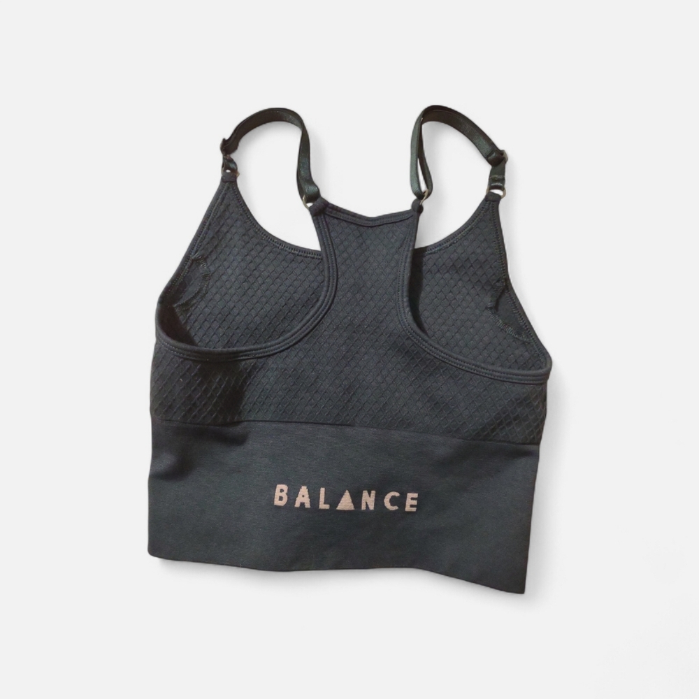 Balance Athletica Black Sports Bra with Rose Gold Logo